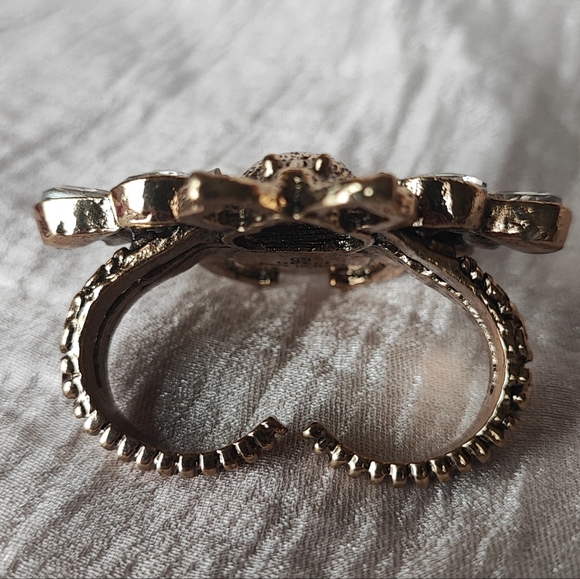 Bee Scarf Clip Dual Ring Brass and Ivory Colored Lucite Rhinestone Adjustable - Picture 8 of 11